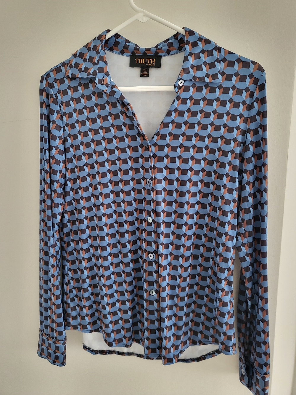 Retro Blue and Brown Geometric Button-Down Shirt